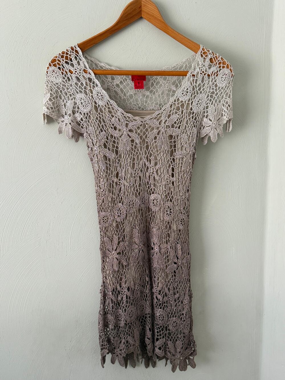 V Cristina Crochet Lace Tunic Beige Taupe Ombre Boho Size M Vintage